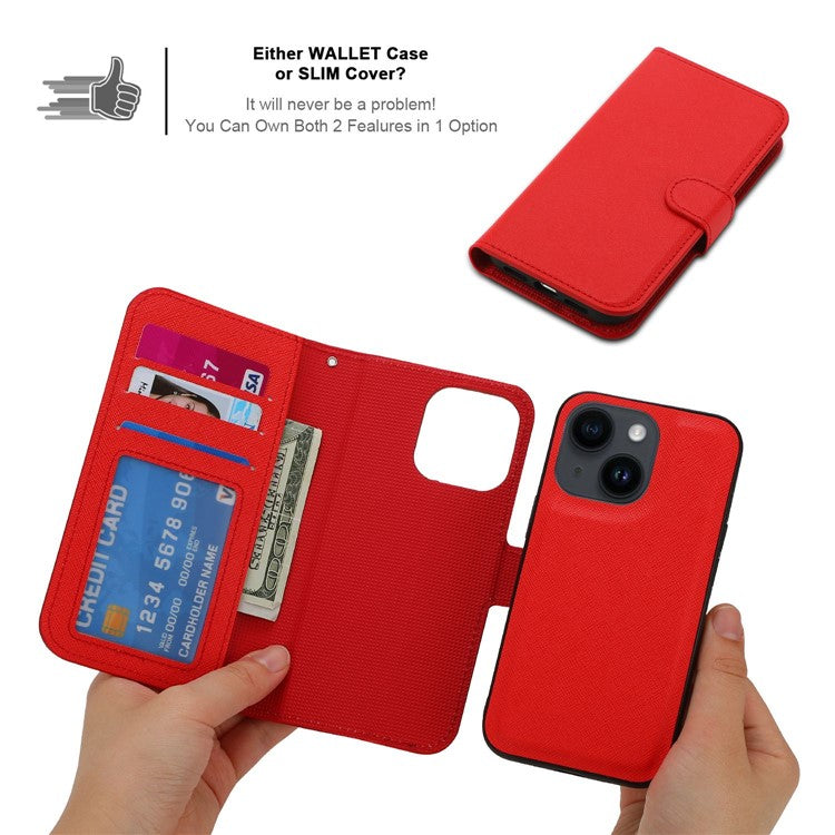 For iPhone 14 Cross Texture Wallet Stand Leather Protective Cover Detachable TPU Back Case - Red