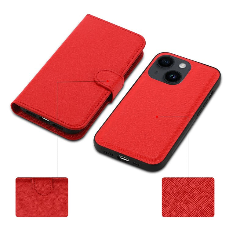 For iPhone 14 Cross Texture Wallet Stand Leather Protective Cover Detachable TPU Back Case - Red