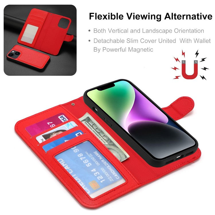 For iPhone 14 Cross Texture Wallet Stand Leather Protective Cover Detachable TPU Back Case - Red