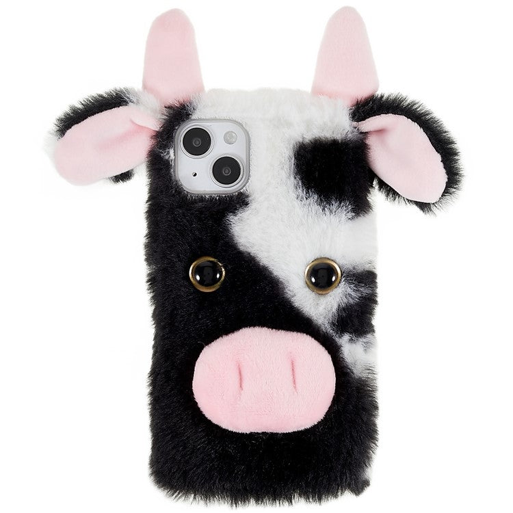 For iPhone 14 Cute Milk Cow Ear Winter Furry Soft TPU Case Collision Resistant Winter Phone Protective Shell - Black