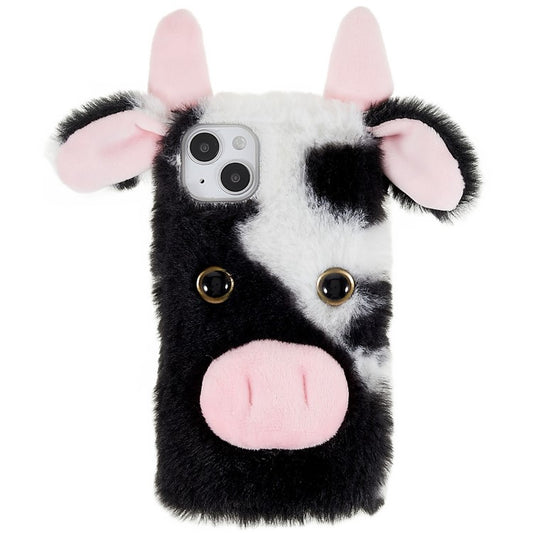 For iPhone 14 Cute Milk Cow Ear Winter Furry Soft TPU Case Collision Resistant Winter Phone Protective Shell - Black