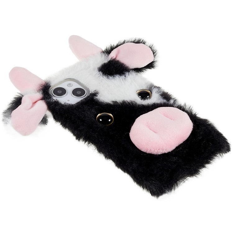 For iPhone 14 Cute Milk Cow Ear Winter Furry Soft TPU Case Collision Resistant Winter Phone Protective Shell - Black