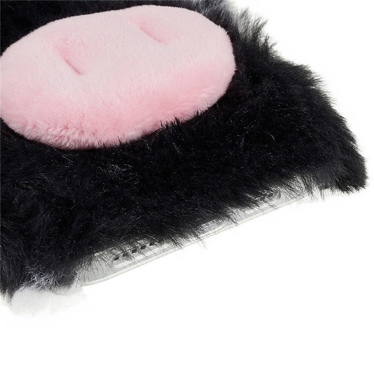 For iPhone 14 Cute Milk Cow Ear Winter Furry Soft TPU Case Collision Resistant Winter Phone Protective Shell - Black