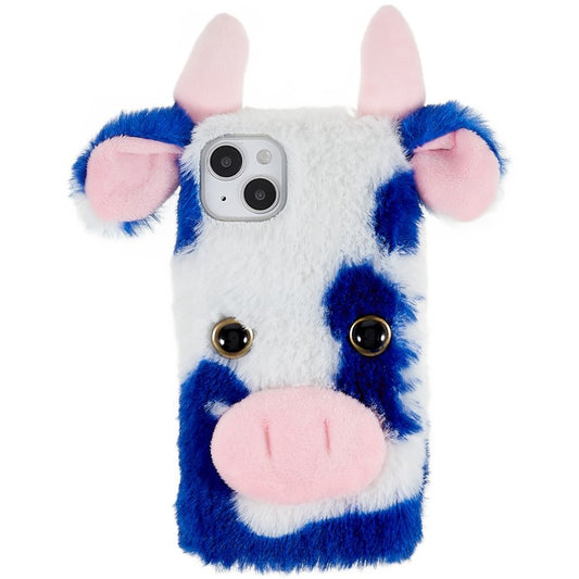 For iPhone 14 Cute Milk Cow Ear Winter Furry Soft TPU Case Collision Resistant Winter Phone Protective Shell - Blue