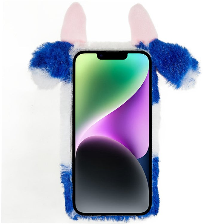 For iPhone 14 Cute Milk Cow Ear Winter Furry Soft TPU Case Collision Resistant Winter Phone Protective Shell - Blue