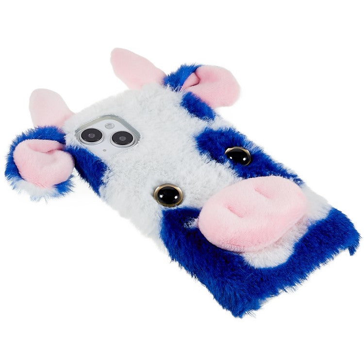 For iPhone 14 Cute Milk Cow Ear Winter Furry Soft TPU Case Collision Resistant Winter Phone Protective Shell - Blue