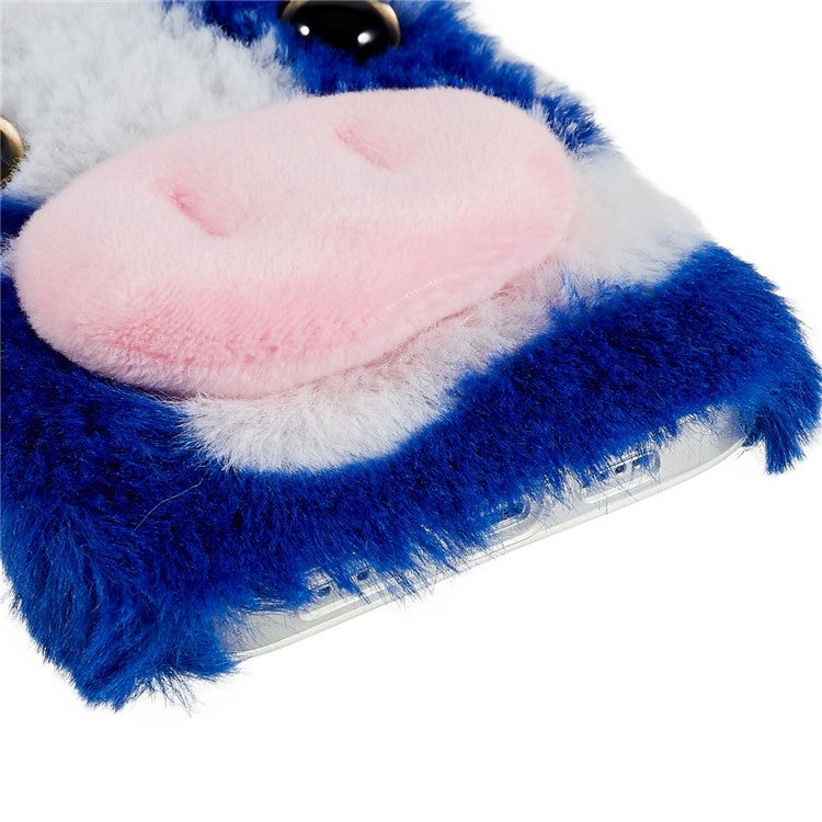 For iPhone 14 Cute Milk Cow Ear Winter Furry Soft TPU Case Collision Resistant Winter Phone Protective Shell - Blue