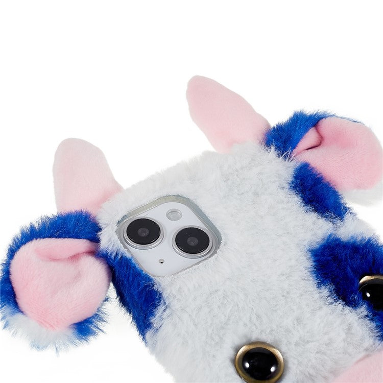For iPhone 14 Cute Milk Cow Ear Winter Furry Soft TPU Case Collision Resistant Winter Phone Protective Shell - Blue