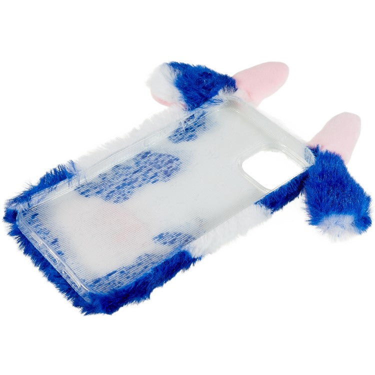 For iPhone 14 Cute Milk Cow Ear Winter Furry Soft TPU Case Collision Resistant Winter Phone Protective Shell - Blue