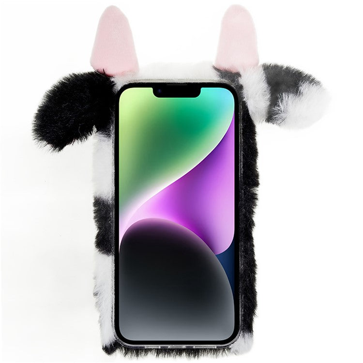 For iPhone 14 Plus Cute Milk Cow Ear Winter Furry Soft TPU Case Anti-scratch Winter Phone Protective Shell - Black