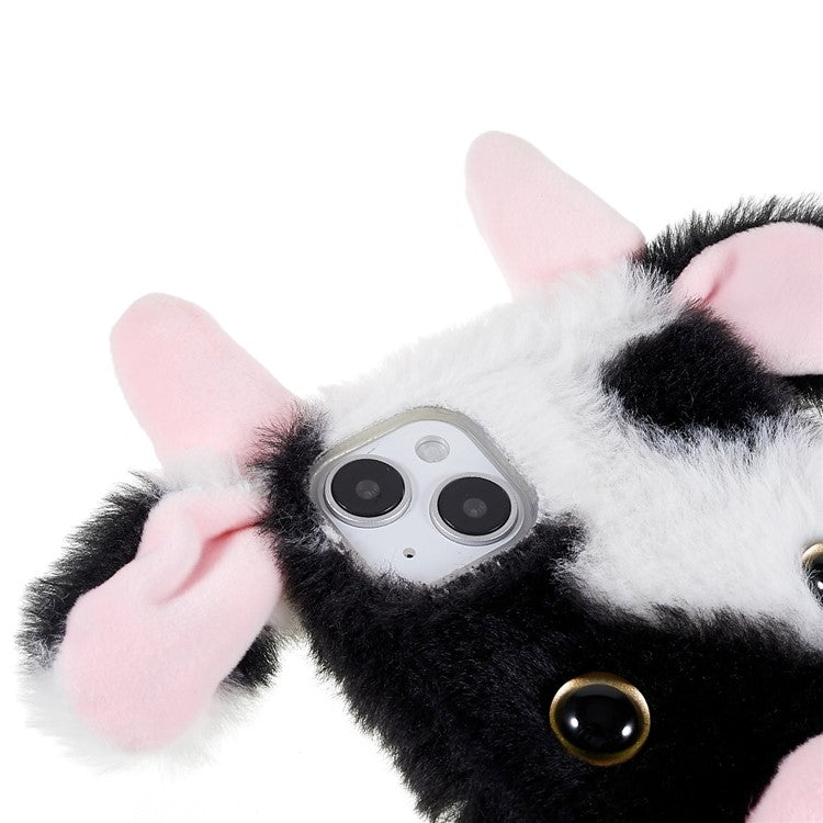 For iPhone 14 Plus Cute Milk Cow Ear Winter Furry Soft TPU Case Anti-scratch Winter Phone Protective Shell - Black