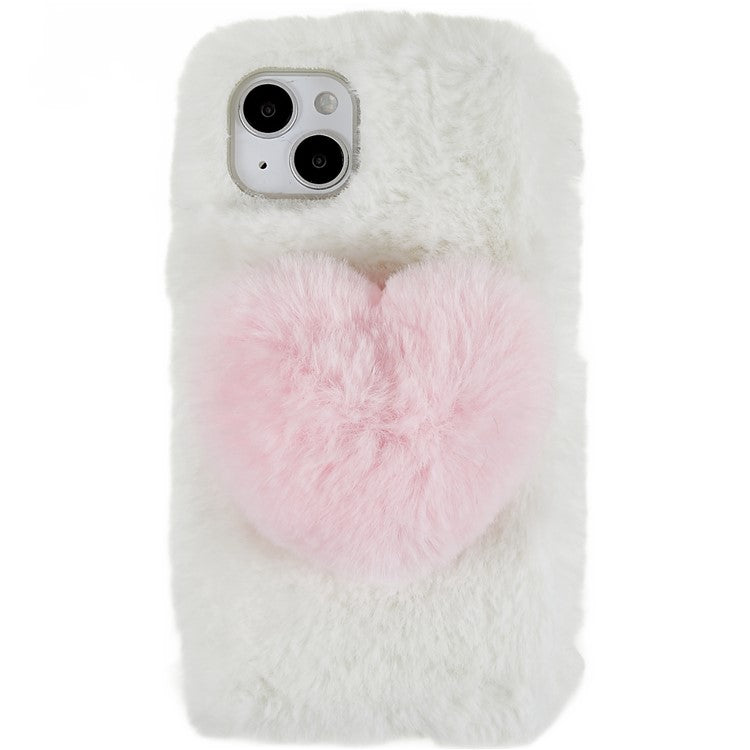 For iPhone 14 Love Heart Design Fluffy Plush Soft TPU Phone Case Anti-scratch Back Cover - White