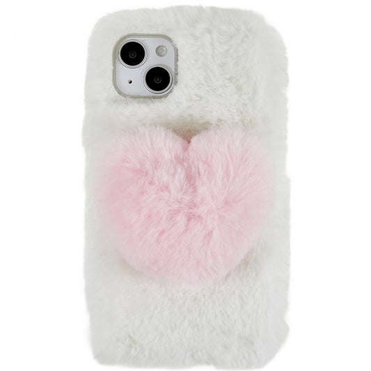For iPhone 14 Love Heart Design Fluffy Plush Soft TPU Phone Case Anti-scratch Back Cover - White