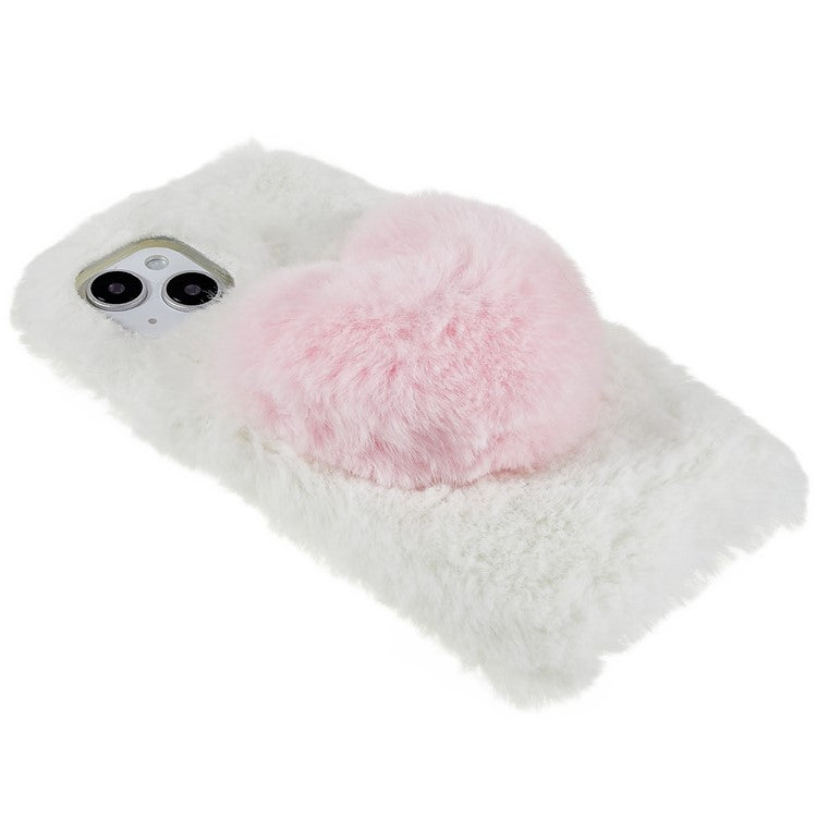 For iPhone 14 Love Heart Design Fluffy Plush Soft TPU Phone Case Anti-scratch Back Cover - White