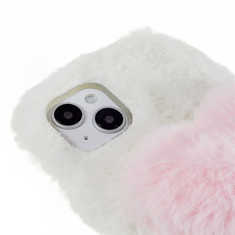 For iPhone 14 Love Heart Design Fluffy Plush Soft TPU Phone Case Anti-scratch Back Cover - White