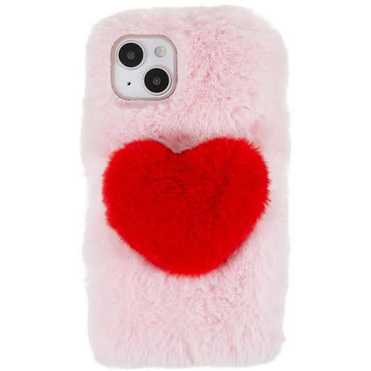 For iPhone 14 Love Heart Design Fluffy Plush Soft TPU Phone Case Anti-scratch Back Cover - Pink