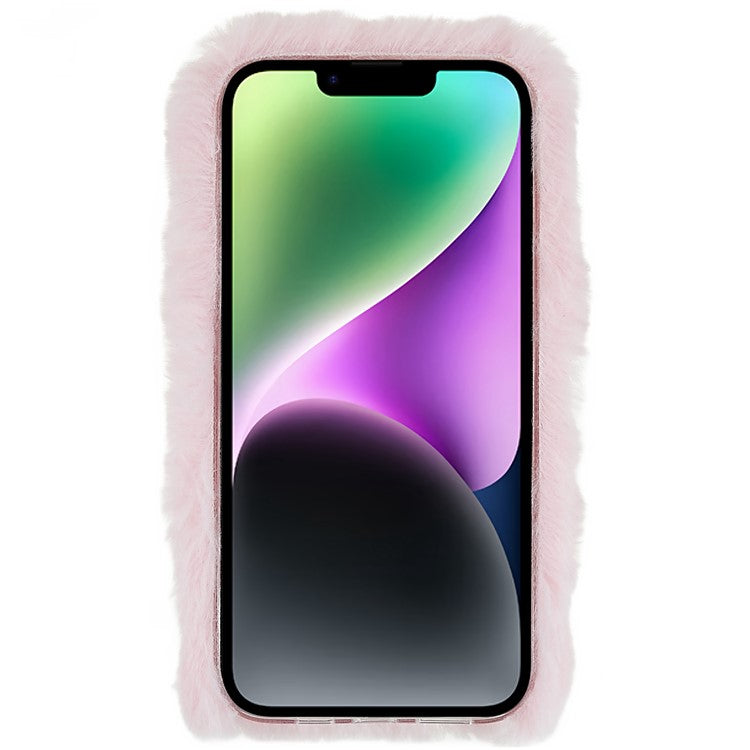 For iPhone 14 Love Heart Design Fluffy Plush Soft TPU Phone Case Anti-scratch Back Cover - Pink