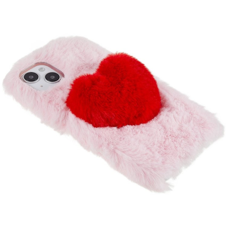 For iPhone 14 Love Heart Design Fluffy Plush Soft TPU Phone Case Anti-scratch Back Cover - Pink