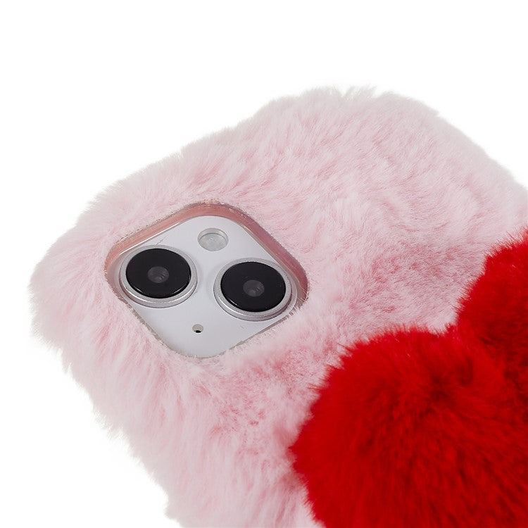 For iPhone 14 Love Heart Design Fluffy Plush Soft TPU Phone Case Anti-scratch Back Cover - Pink
