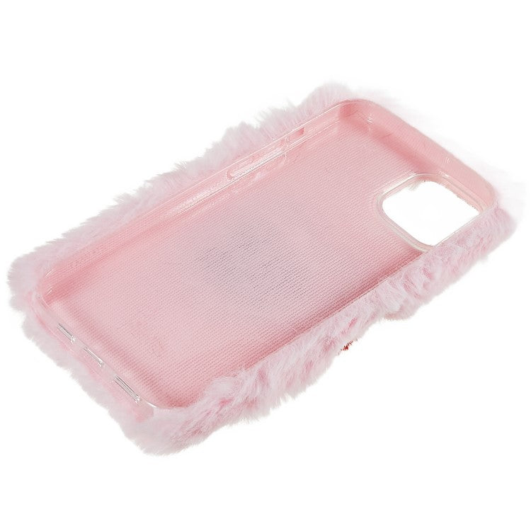 For iPhone 14 Love Heart Design Fluffy Plush Soft TPU Phone Case Anti-scratch Back Cover - Pink