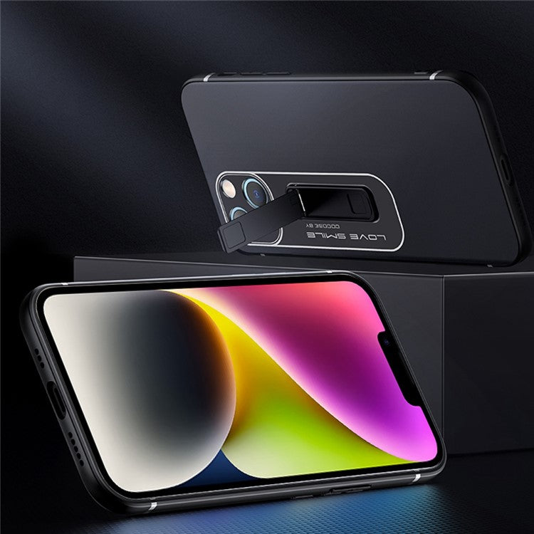 For iPhone 14 Drop-proof Slim Matte Phone Case Soft TPU + Hard PC Protective Cell Phone Cover with Hidden Kickstand - Black
