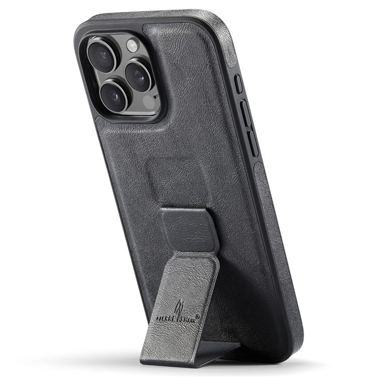 FIERRE SHANN For iPhone 14 Pro Case Kickstand Leather Slim Back Cover - Black