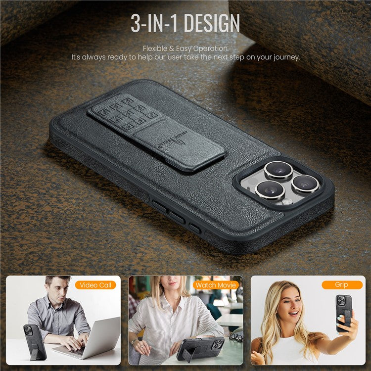 FIERRE SHANN For iPhone 14 Pro Case Kickstand Leather Slim Back Cover - Black