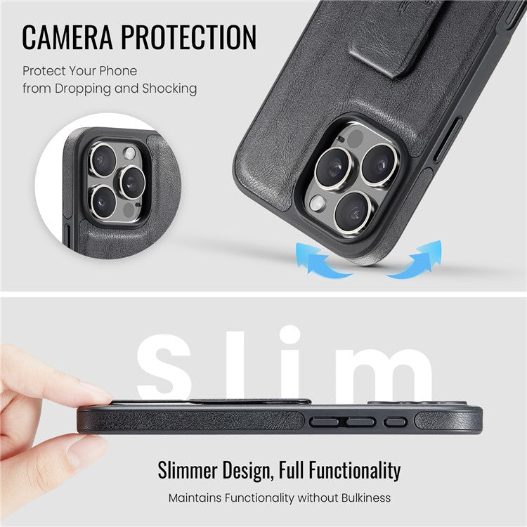 FIERRE SHANN For iPhone 14 Pro Max Case Kickstand Leather Slim Back Cover - Black