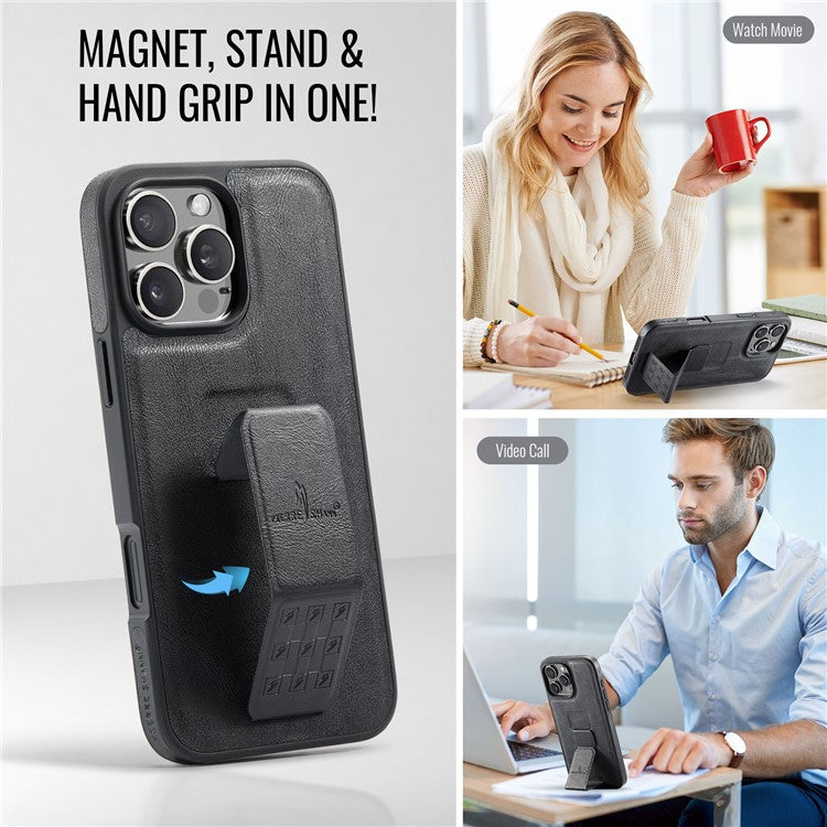 FIERRE SHANN For iPhone 14 Pro Max Case Kickstand Leather Slim Back Cover - Black
