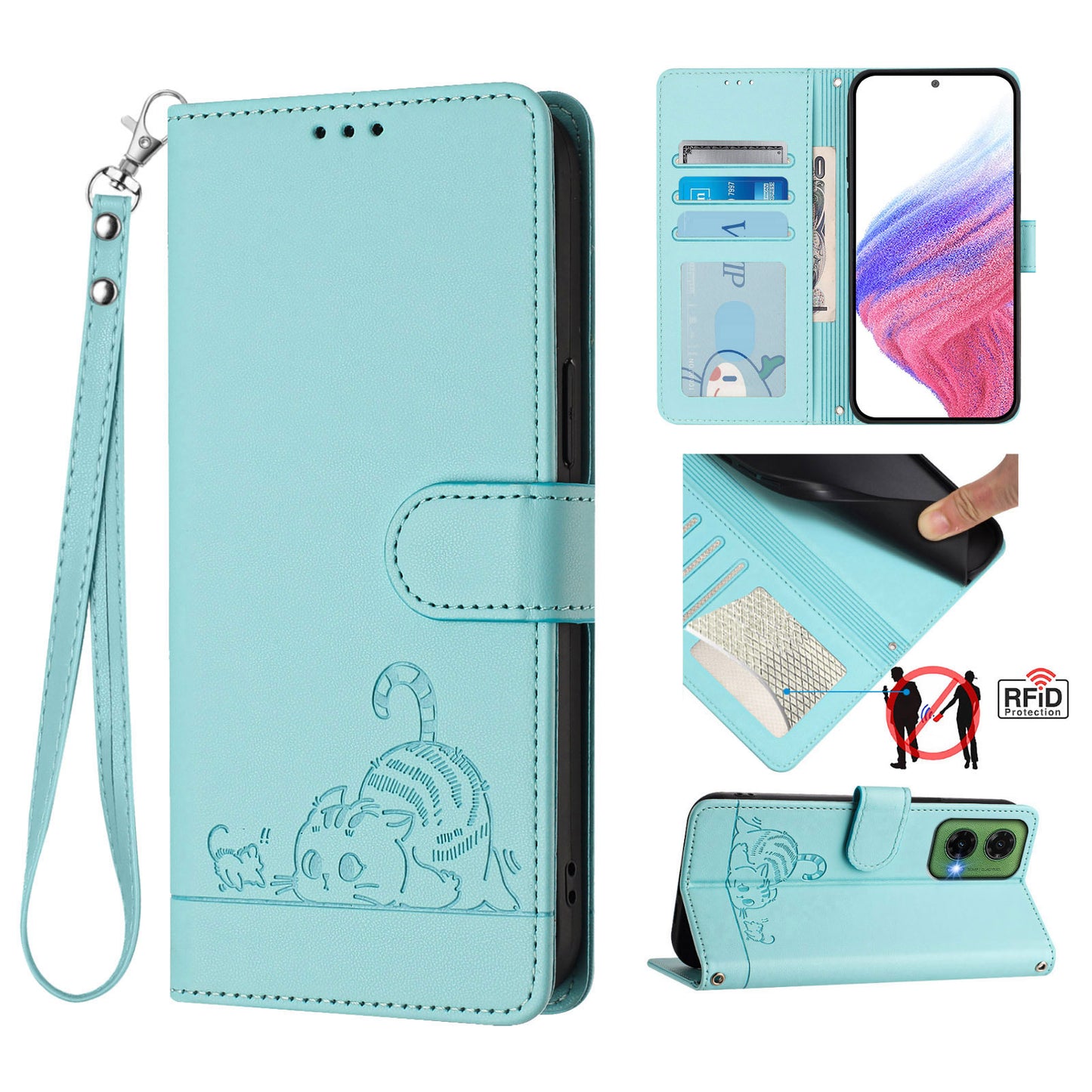 For Motorola Moto G35 5G Case with Strap RFID Blocking Leather Wallet Phone Cover Cat Mouse Pattern - Mint Green