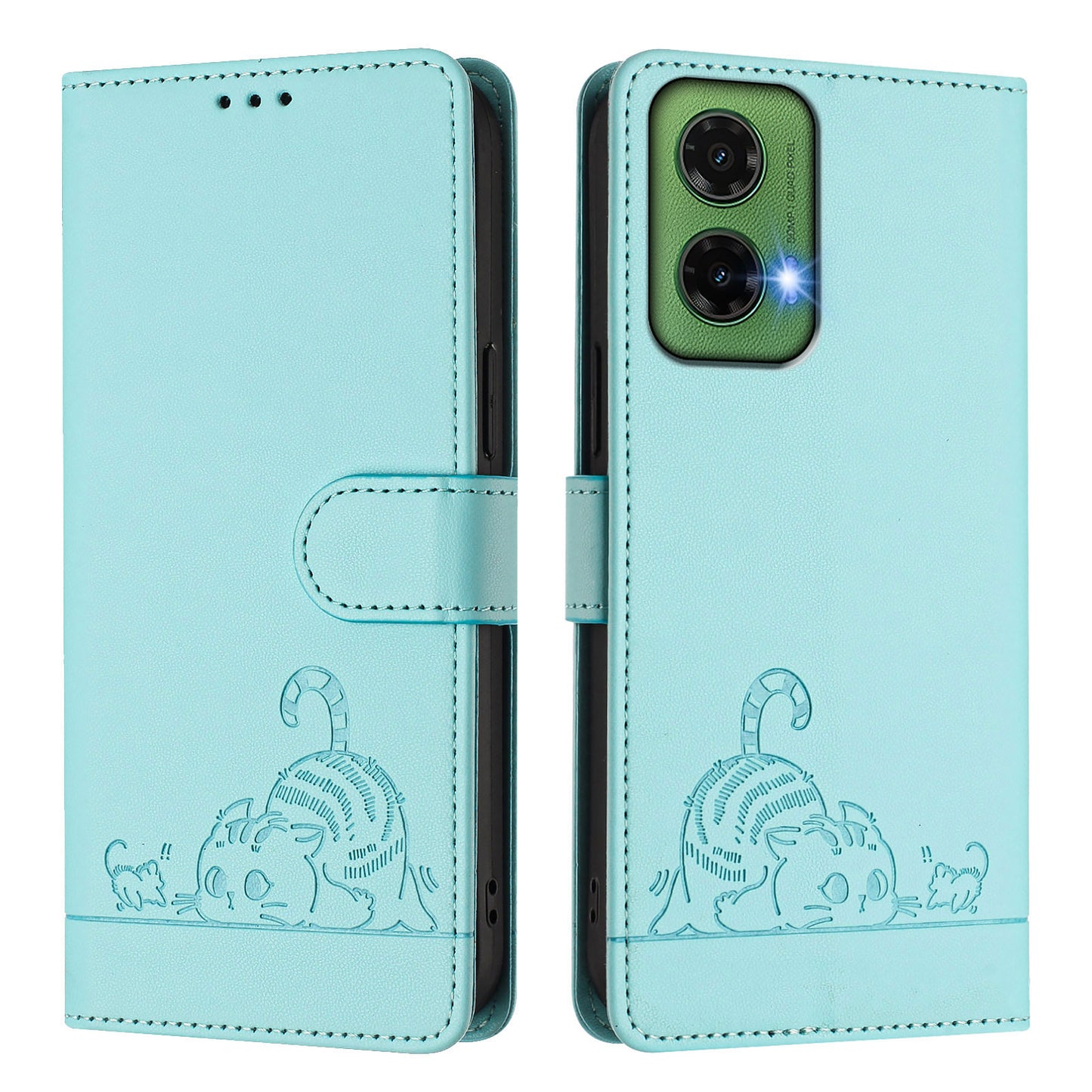For Motorola Moto G35 5G Case with Strap RFID Blocking Leather Wallet Phone Cover Cat Mouse Pattern - Mint Green