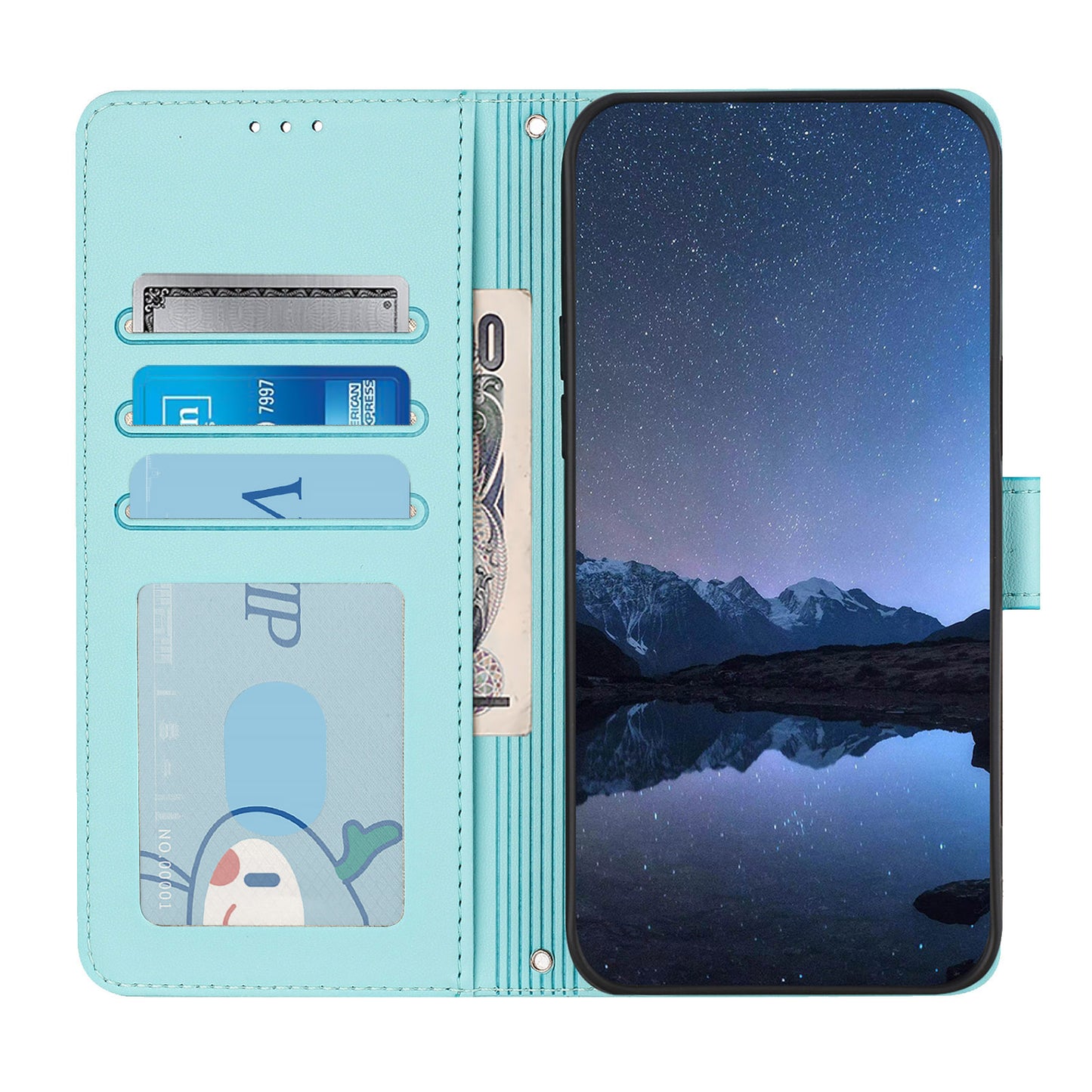 For Motorola Moto G35 5G Case with Strap RFID Blocking Leather Wallet Phone Cover Cat Mouse Pattern - Mint Green