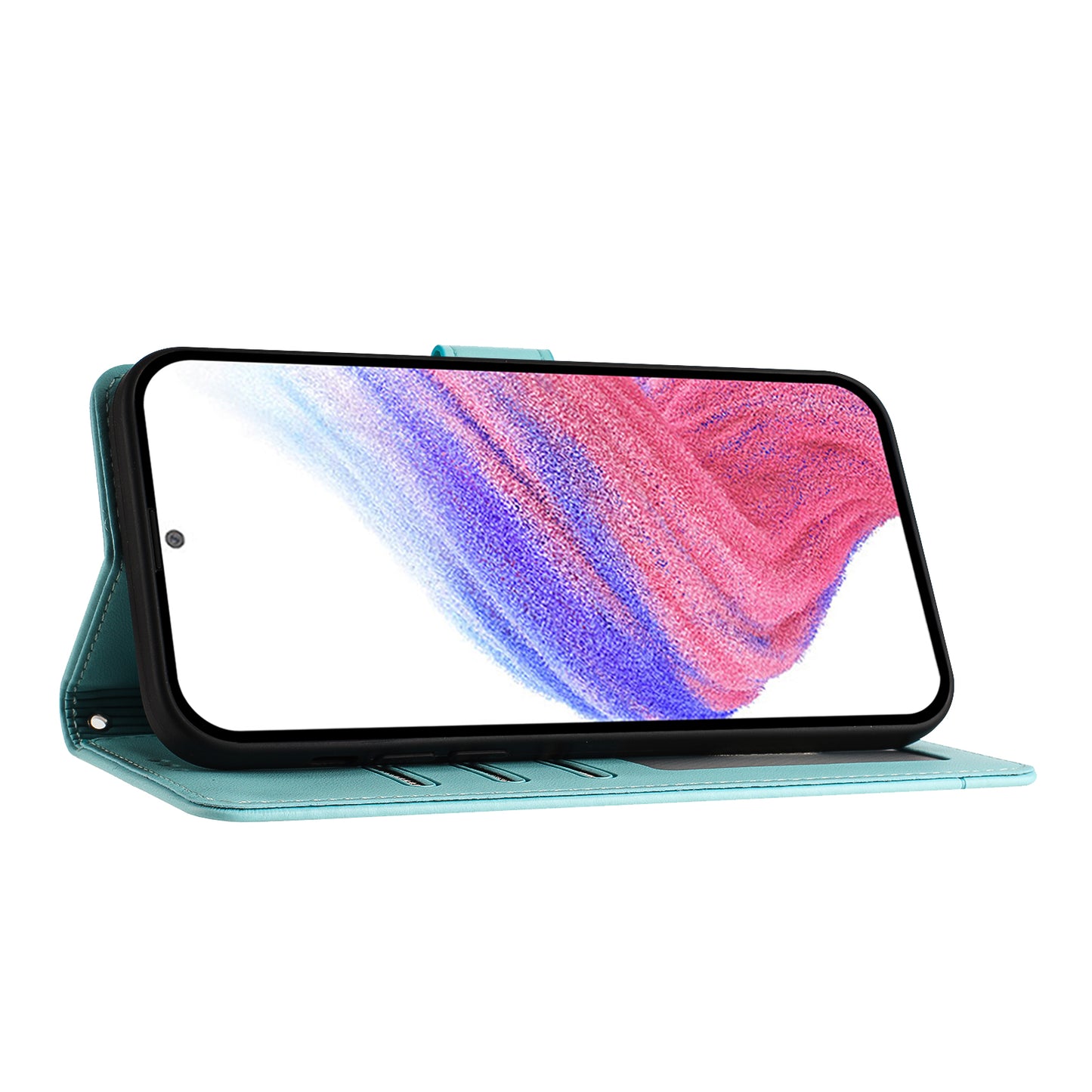 For Motorola Moto G35 5G Case with Strap RFID Blocking Leather Wallet Phone Cover Cat Mouse Pattern - Mint Green