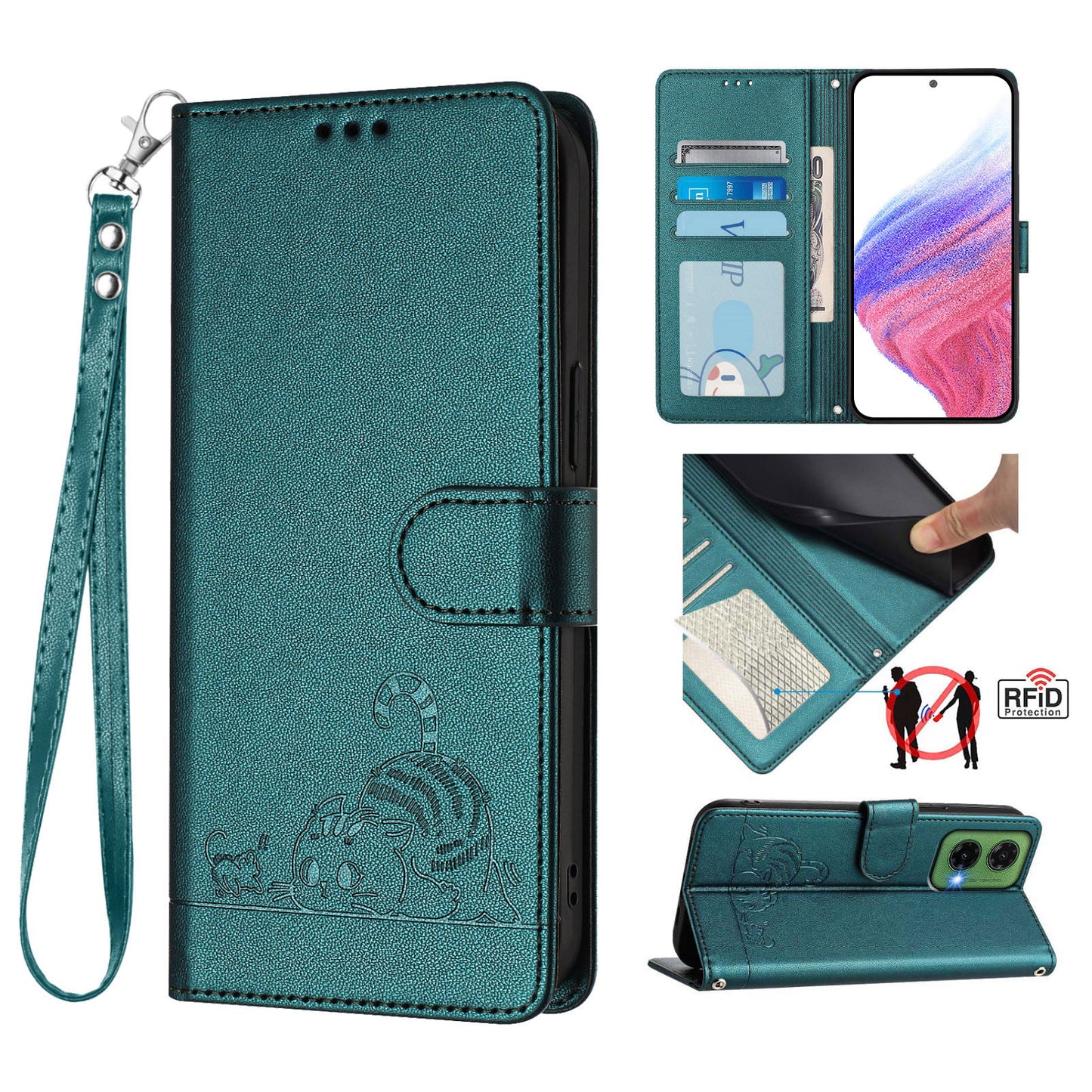 For Motorola Moto G35 5G Case with Strap RFID Blocking Leather Wallet Phone Cover Cat Mouse Pattern - Dark Green