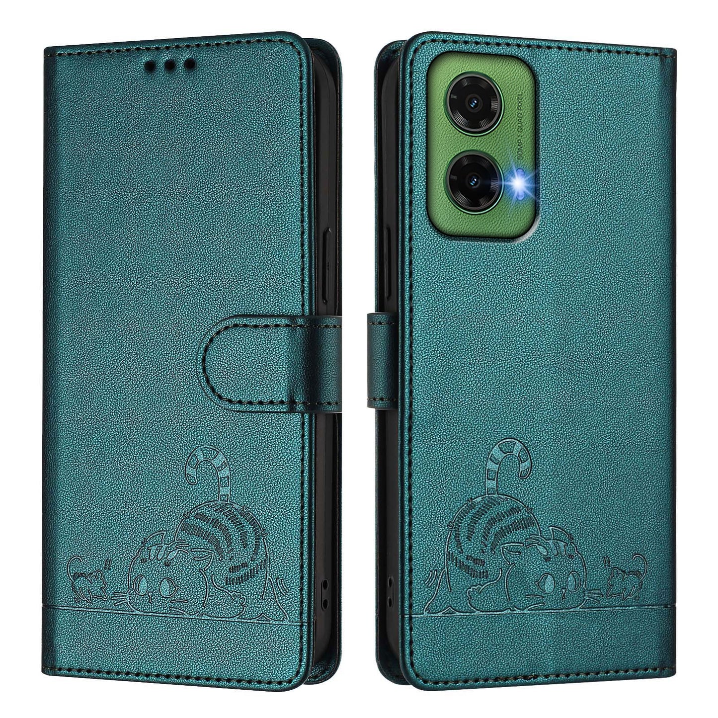 For Motorola Moto G35 5G Case with Strap RFID Blocking Leather Wallet Phone Cover Cat Mouse Pattern - Dark Green