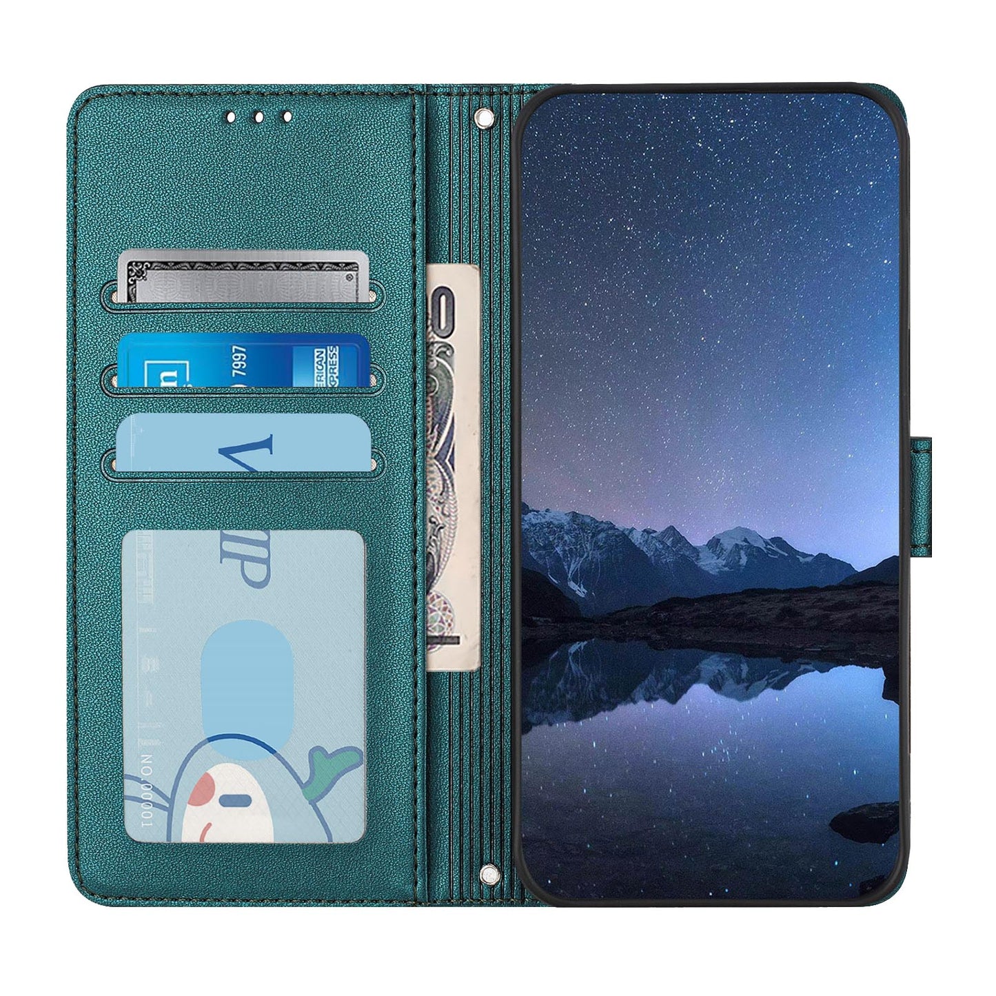 For Motorola Moto G35 5G Case with Strap RFID Blocking Leather Wallet Phone Cover Cat Mouse Pattern - Dark Green