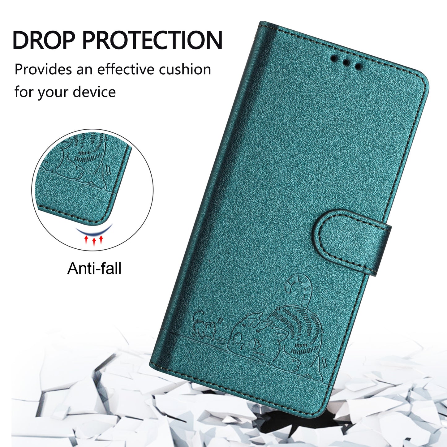 For Motorola Moto G35 5G Case with Strap RFID Blocking Leather Wallet Phone Cover Cat Mouse Pattern - Dark Green
