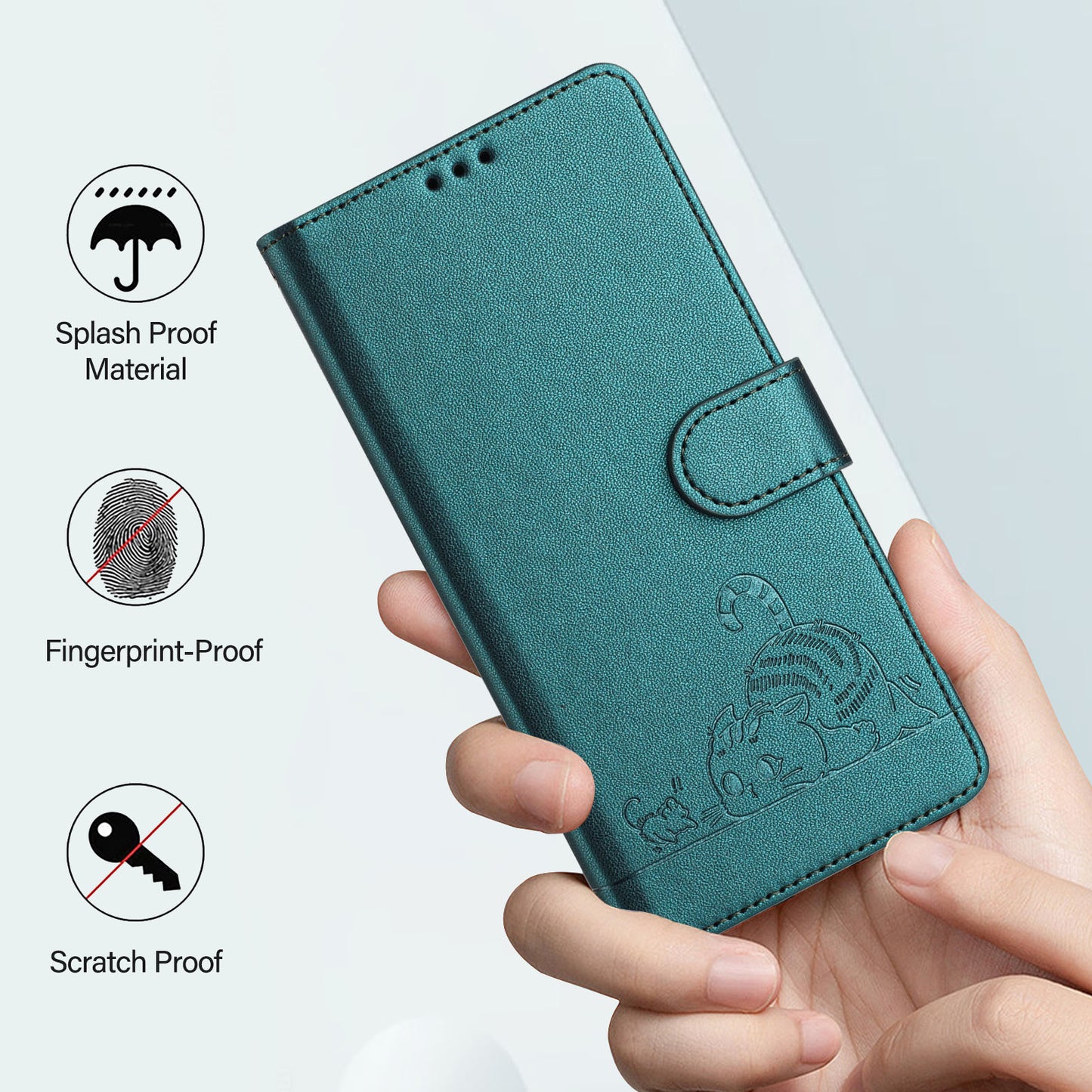 For Motorola Moto G35 5G Case with Strap RFID Blocking Leather Wallet Phone Cover Cat Mouse Pattern - Dark Green