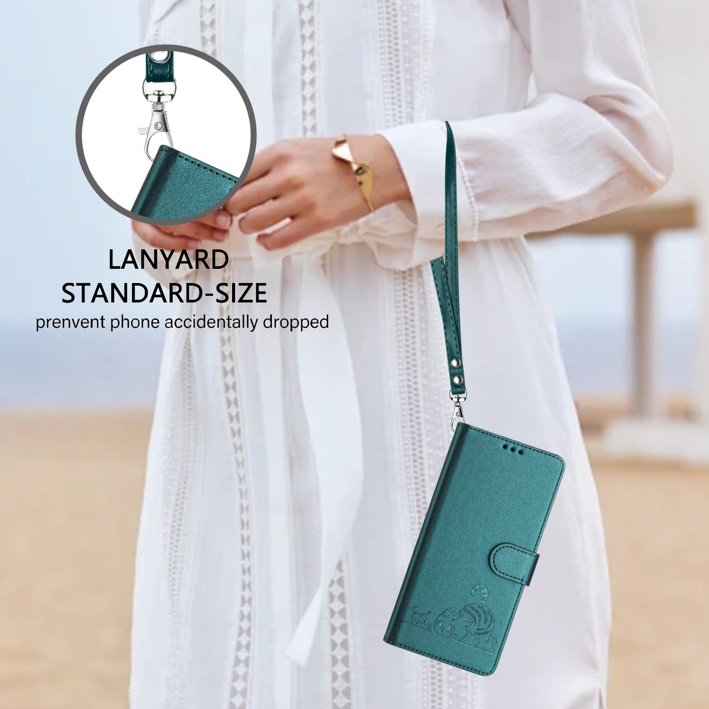 For Motorola Moto G35 5G Case with Strap RFID Blocking Leather Wallet Phone Cover Cat Mouse Pattern - Dark Green