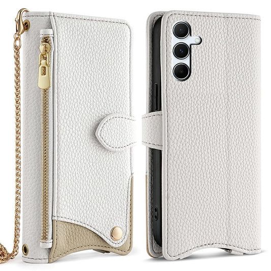 For Samsung Galaxy A56 5G Leather Case Wallet Stand Cover Irregular Tail Style with Chain Strap - White