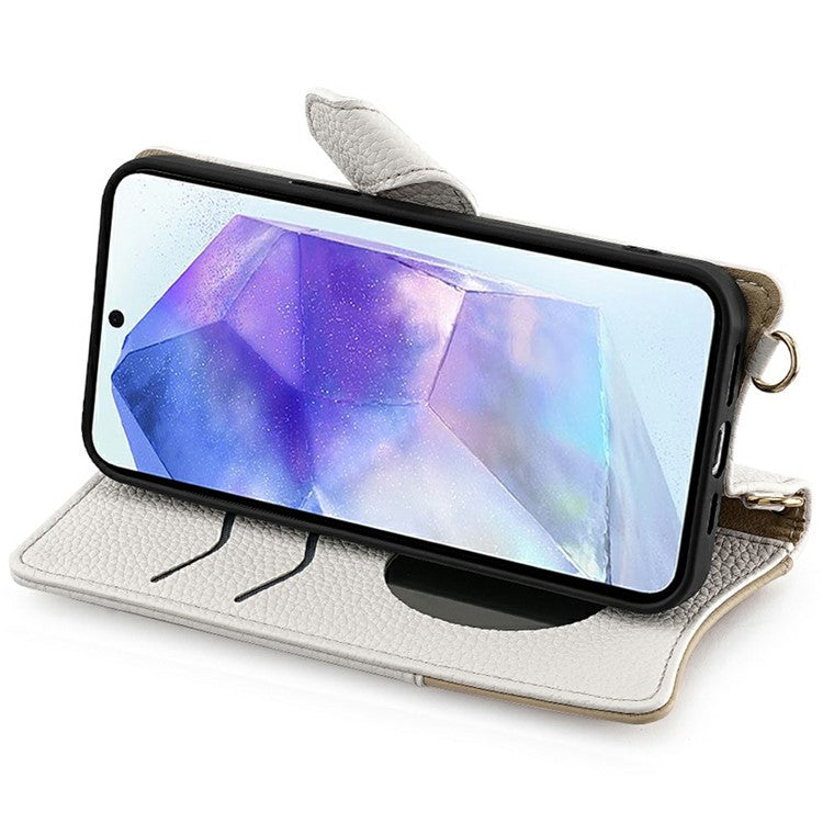 For Samsung Galaxy A56 5G Leather Case Wallet Stand Cover Irregular Tail Style with Chain Strap - White