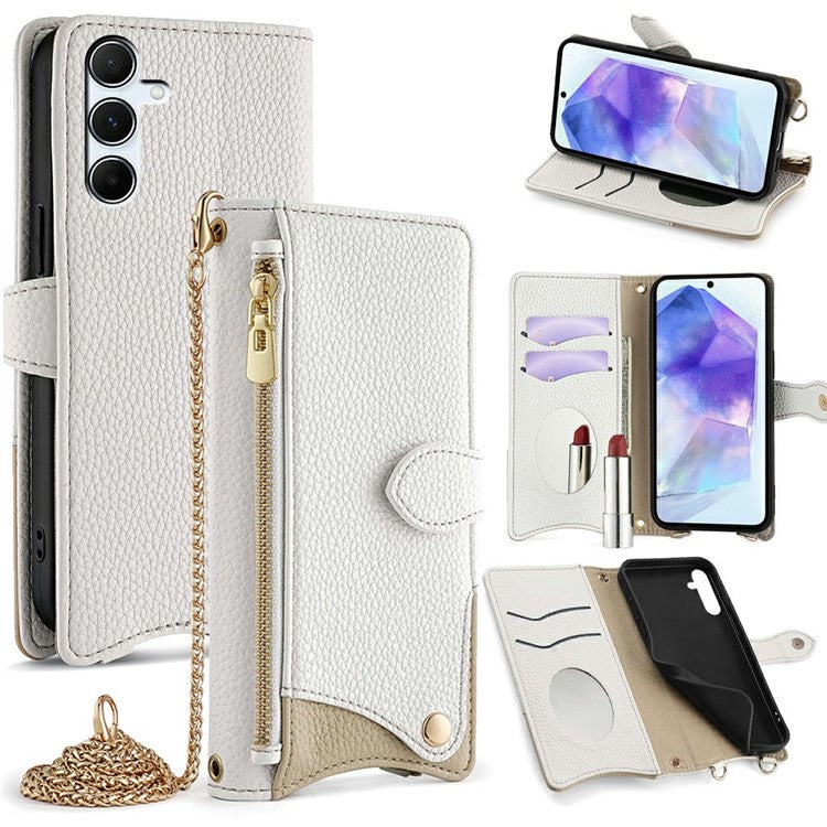 For Samsung Galaxy A56 5G Leather Case Wallet Stand Cover Irregular Tail Style with Chain Strap - White