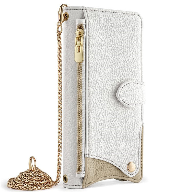 For Samsung Galaxy A56 5G Leather Case Wallet Stand Cover Irregular Tail Style with Chain Strap - White