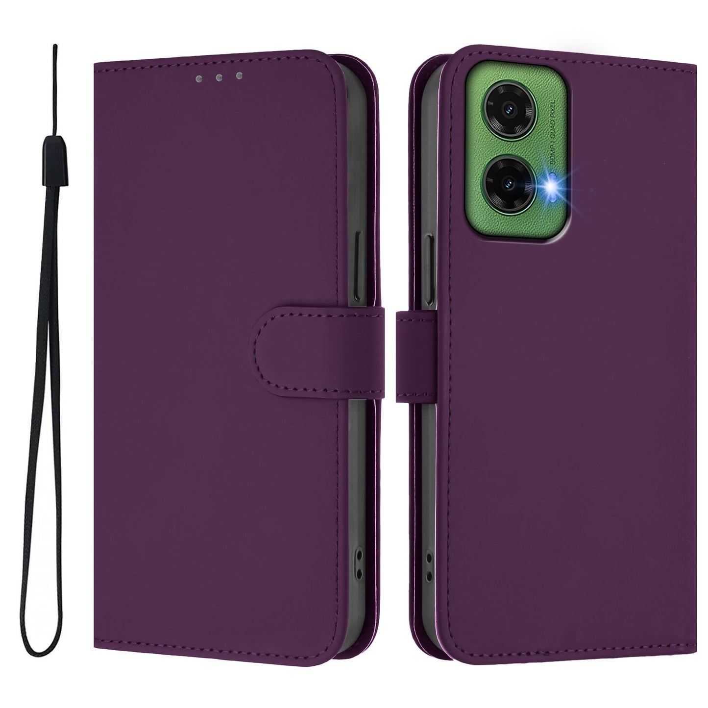 For Motorola Moto G35 5G Case Solid Color Wallet Leather Phone Cover with Strap - Violet