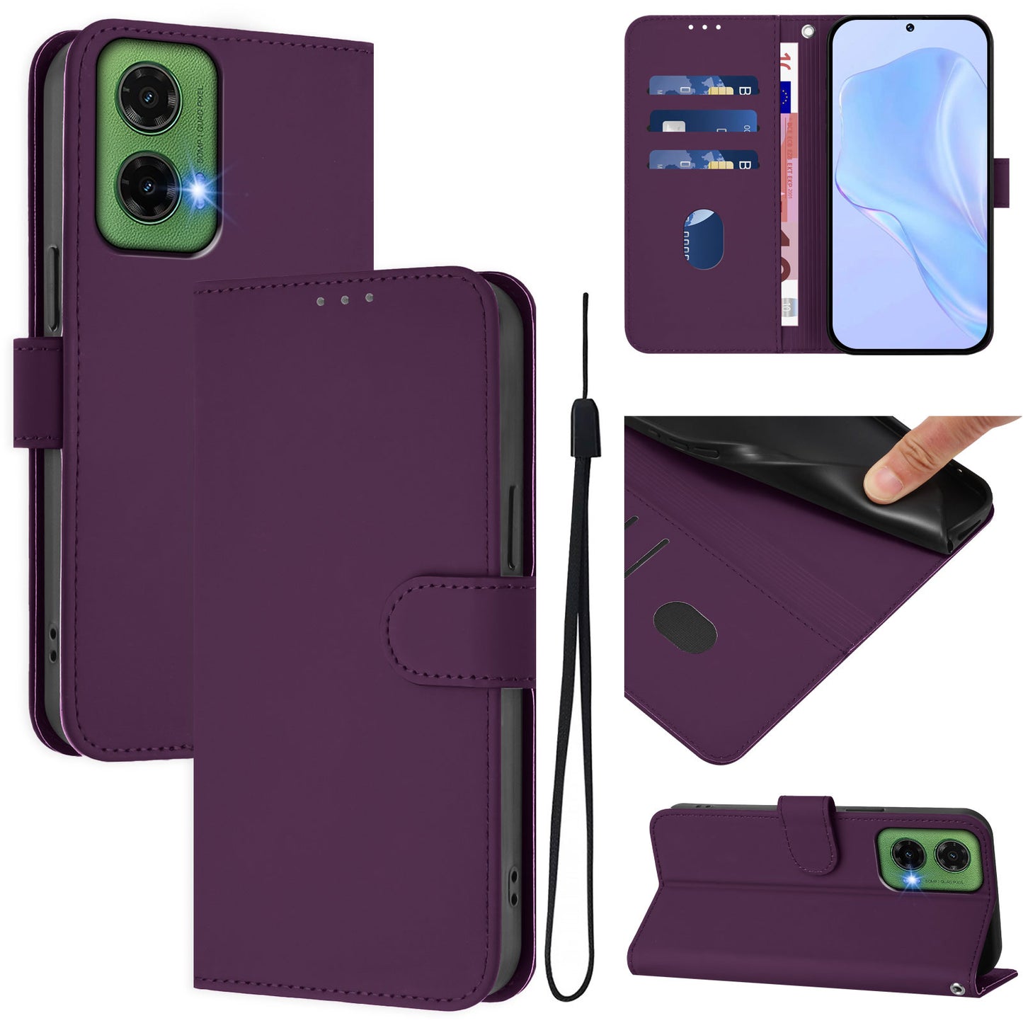 For Motorola Moto G35 5G Case Solid Color Wallet Leather Phone Cover with Strap - Violet