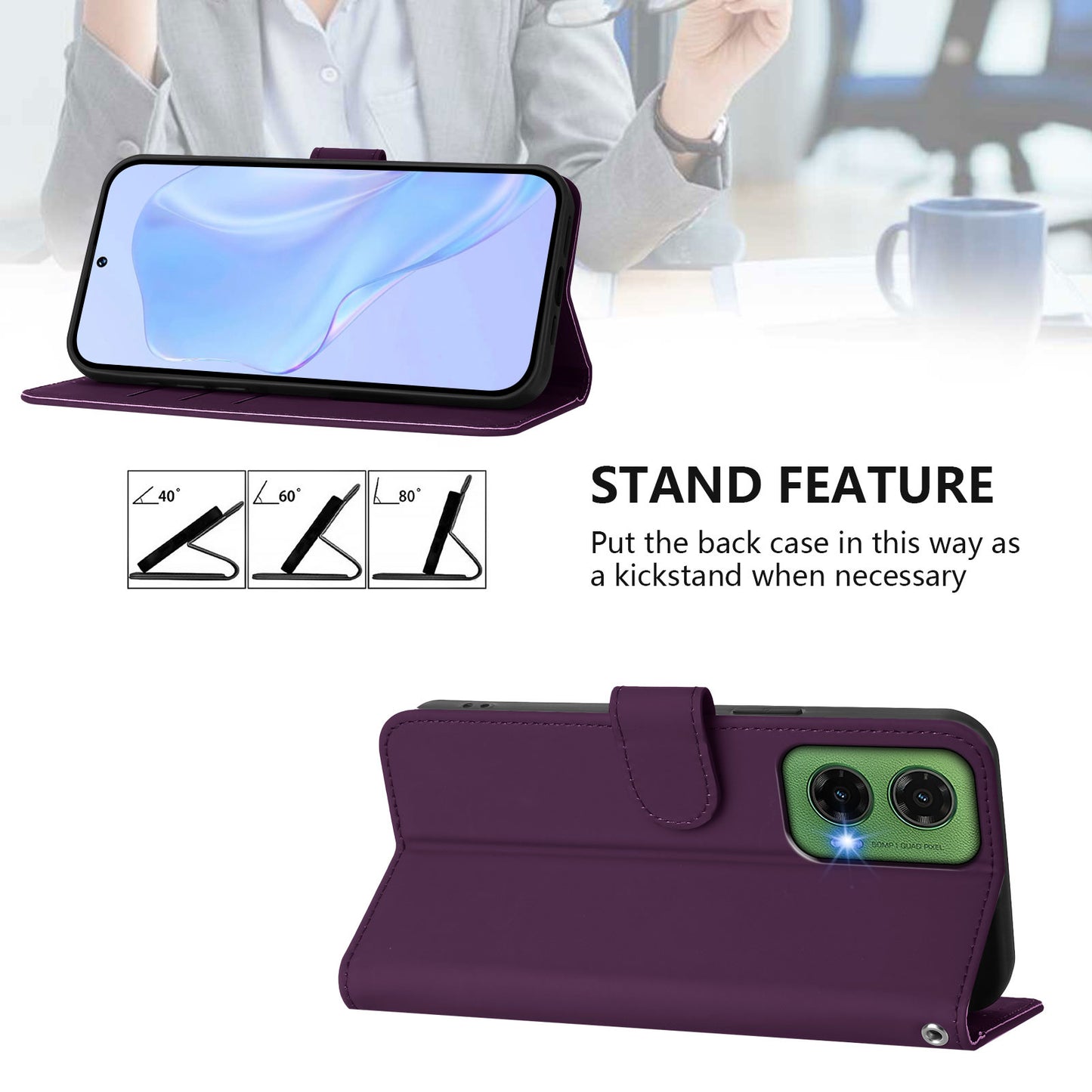 For Motorola Moto G35 5G Case Solid Color Wallet Leather Phone Cover with Strap - Violet