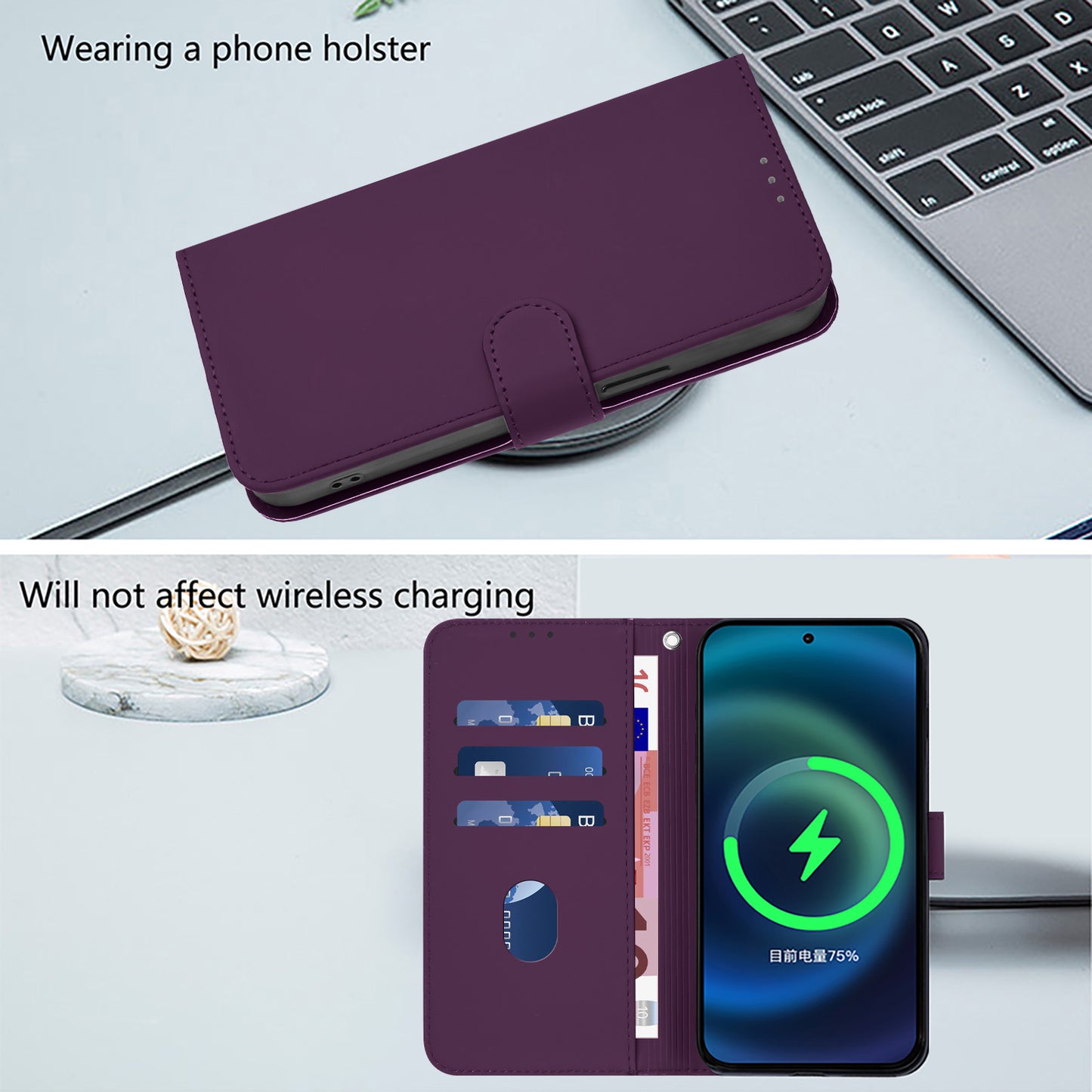 For Motorola Moto G35 5G Case Solid Color Wallet Leather Phone Cover with Strap - Violet