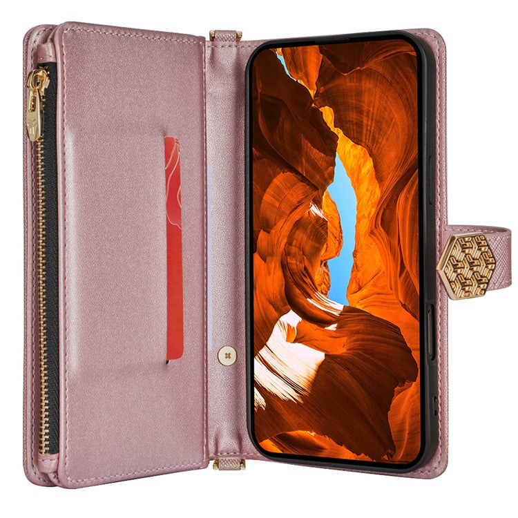 For Motorola Moto G55 5G Case Cross Texture PU Leather+TPU Wallet Phone Cover with Strap - Rose Gold