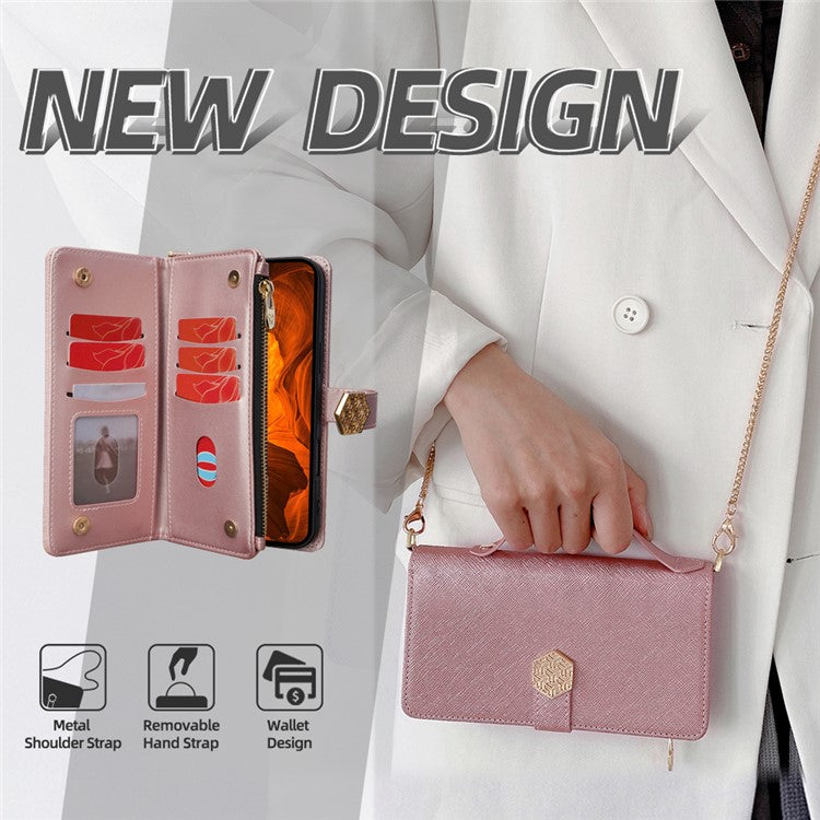 For Motorola Moto G55 5G Case Cross Texture PU Leather+TPU Wallet Phone Cover with Strap - Rose Gold