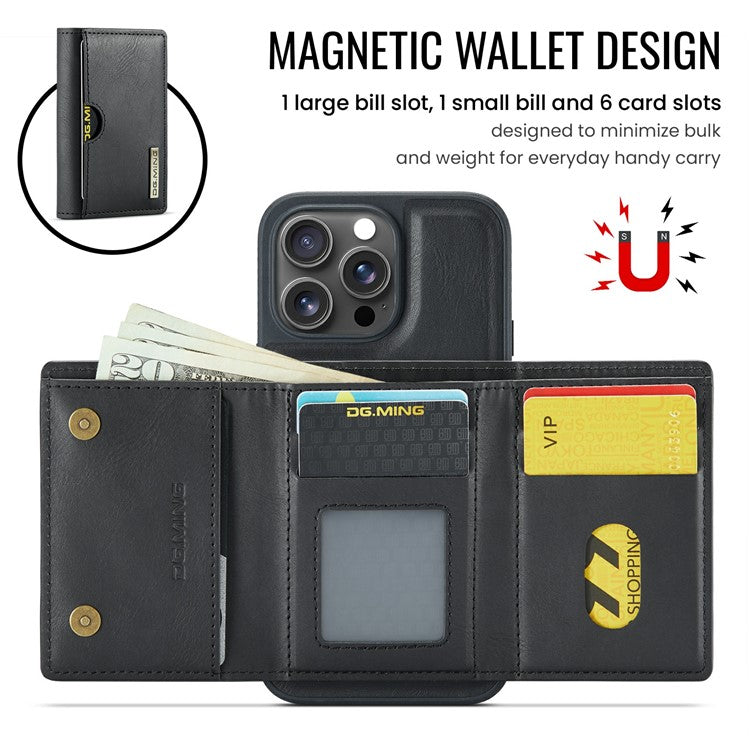 DG.MING M6 Series For iPhone 14 Pro Case Magnetic Wallet PU+PC+TPU Phone Cover - Black